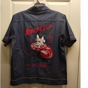 NWT Billionaire Boys Club Size L Denim Bowling Shirt Rocketin Embroidery Graphic